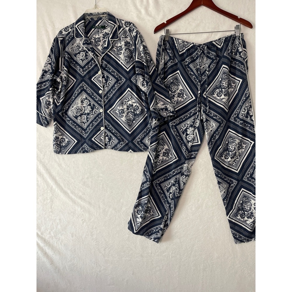 Ralph Lauren Pajama Set Navy White Paisley Bandana Cotton Women's Lg Preppy